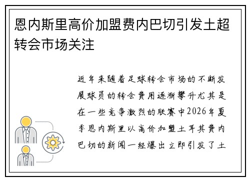 恩内斯里高价加盟费内巴切引发土超转会市场关注